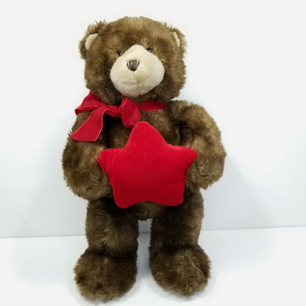 GUND Brown Teddy Bear Plush Red Star Ring Jewelry Holder Bow Stuffed Animal